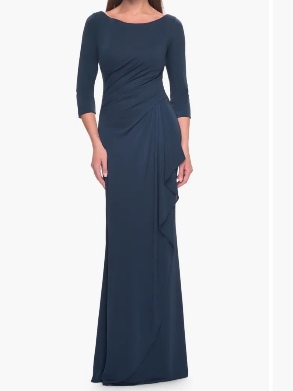 La Femme Chic Long Evening Gown with High Neck and Ruffle Detail